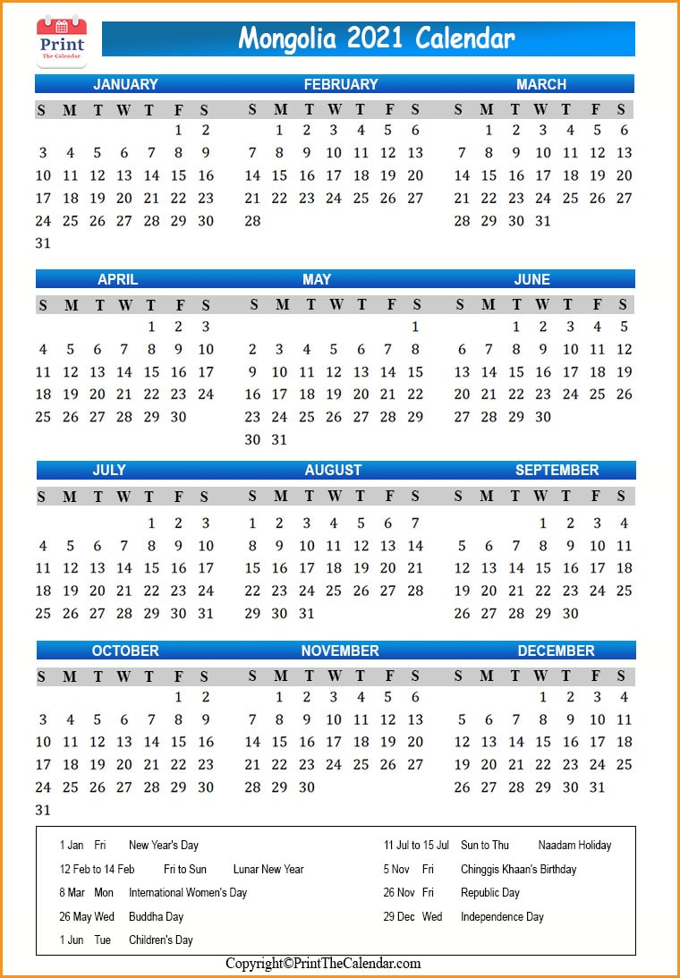 Mongolia Calendar 2021